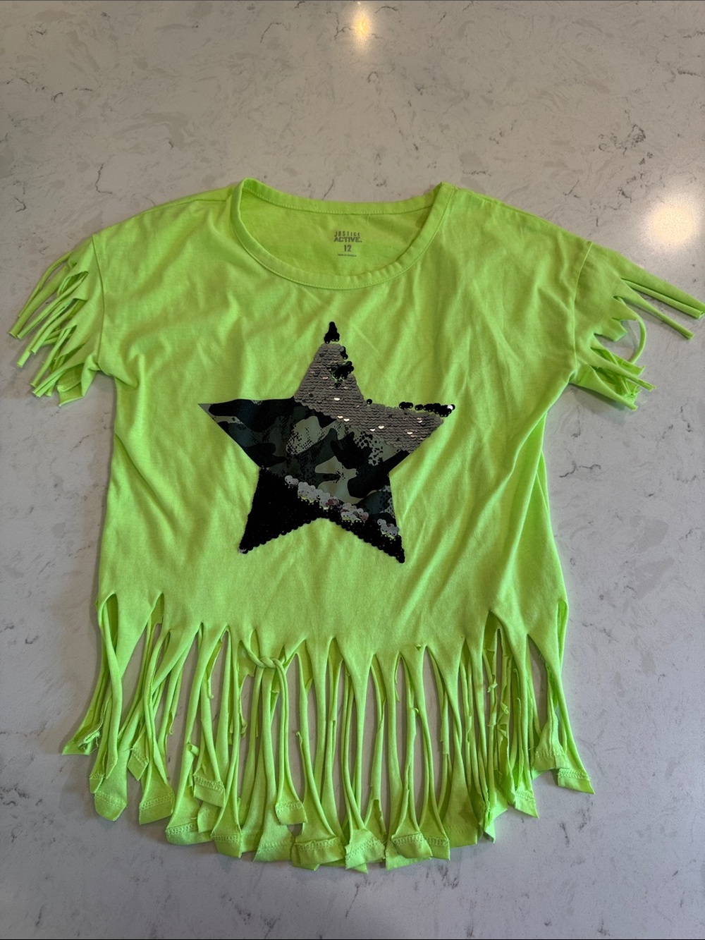 Justice Neon Green Fringe Tee with Sequin Camo Star